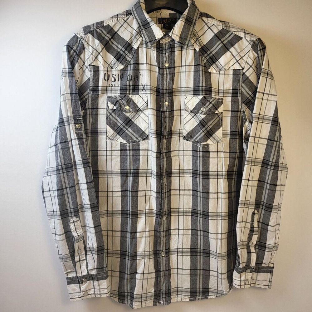 HELIX  RIde Hard Black White Plaid Long Sleeve XLarge Shirt Pearl Snaps‎